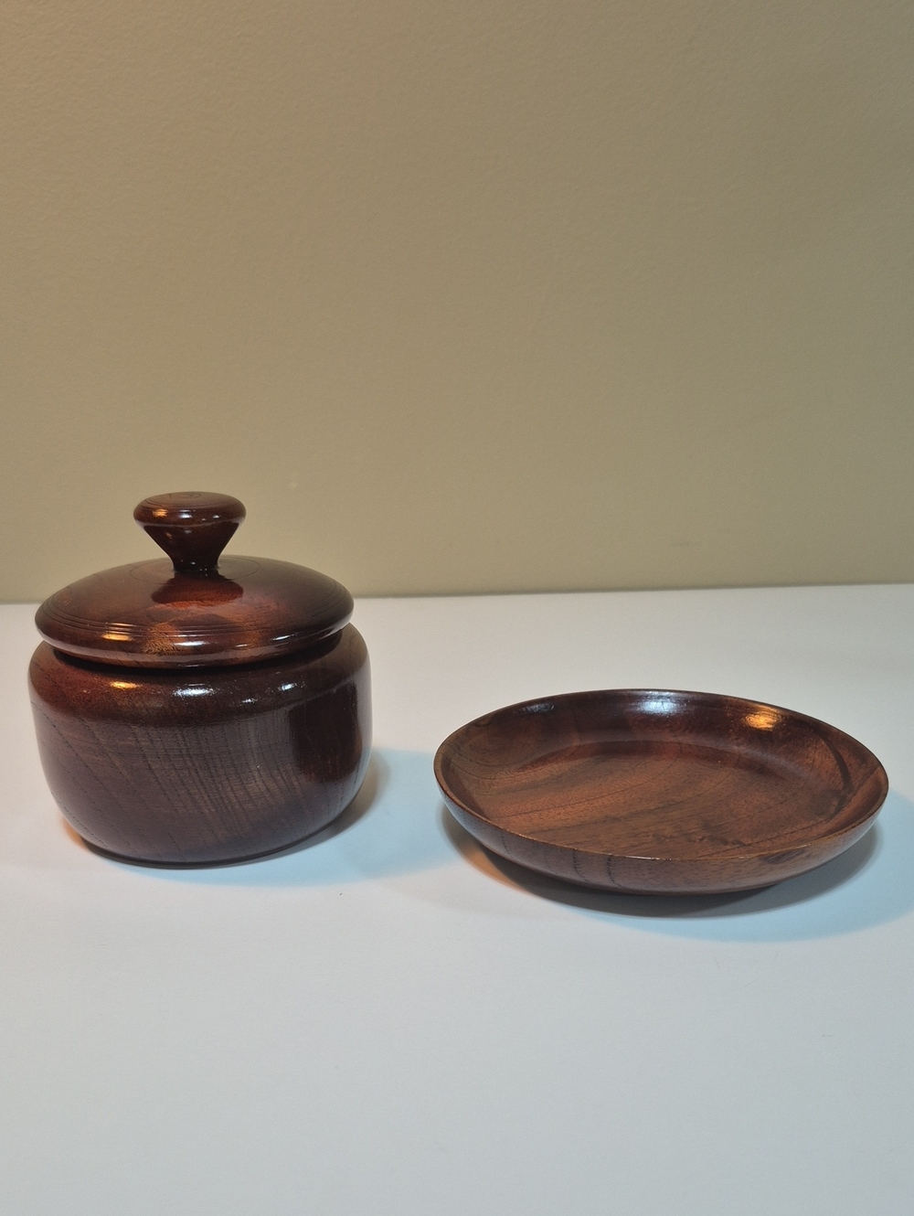 VINTAGE Handcrafted Hand-Turned Wooden Trinket Box with Lid & Trinket Dish Set
